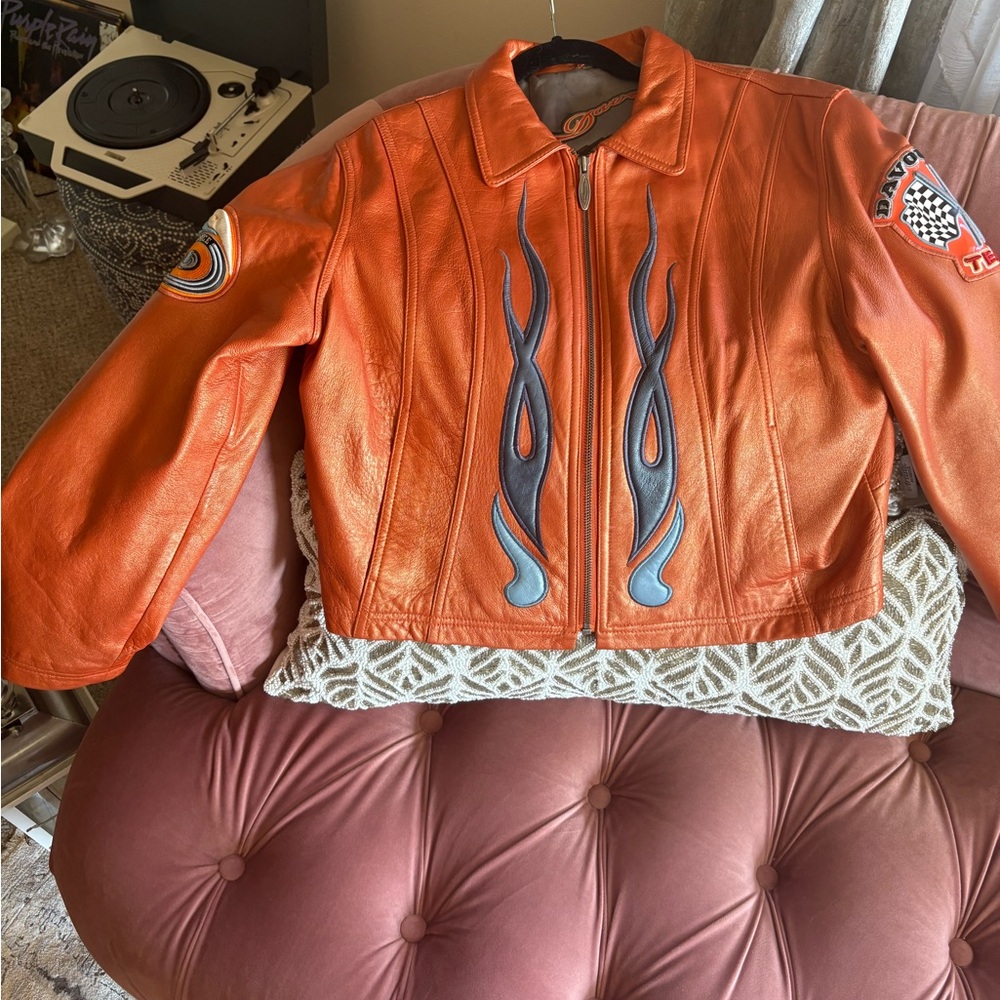 Vintage Y2K Vibrant Orange Leather Jacket with Flame Accents